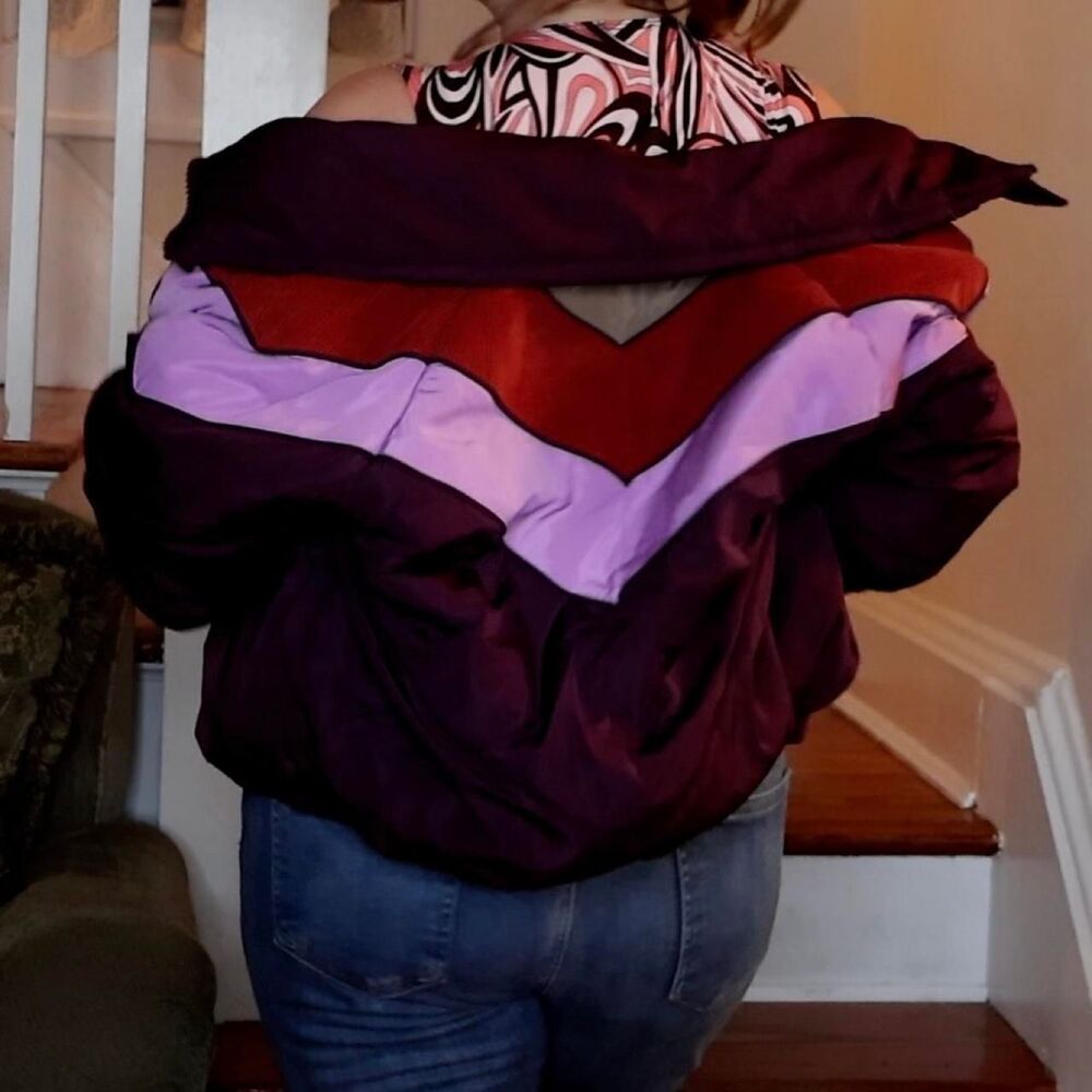Free People Heidi Ski Puffer Jacket Sz XS Purple Chevron Boho Winter Crop Coat